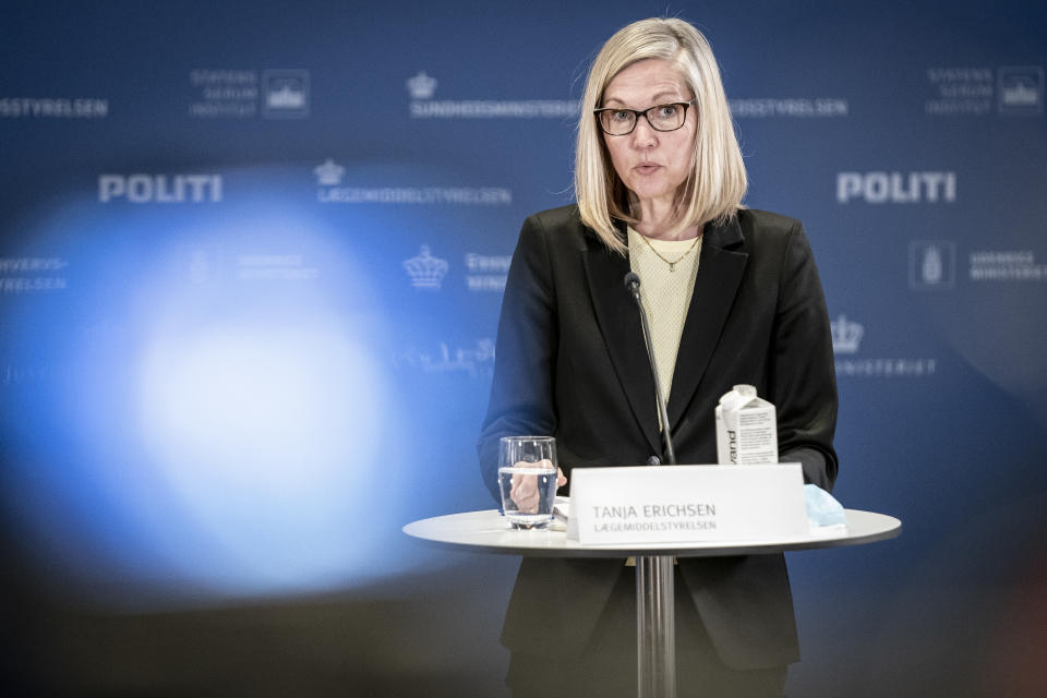 FILE - In this March 25, 2021 file photo, Tanja Erichsen, from the Danish Medicines Agency speaks during a press briefing about the status of the AstraZeneca COVID-19 vaccine in Copenhagen. On Friday, April 23 The Associated Press reported on stories circulating online incorrectly asserting Erichsen fainted from her COVID-19 vaccine. Erichsen collapsed during an April 14 press conference to discuss the country’s decision to discontinue use of the AstraZeneca vaccine, but it was not related to the vaccine. (Mads Claus Rasmussen/Ritzau Scanpix via AP, File)