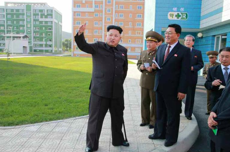North Korean leader Kim Jong-Un (L) seen with a walking stick as he inspects a housing complex in a picture published in newspaper Rodong Sinmun, October 14, 2014