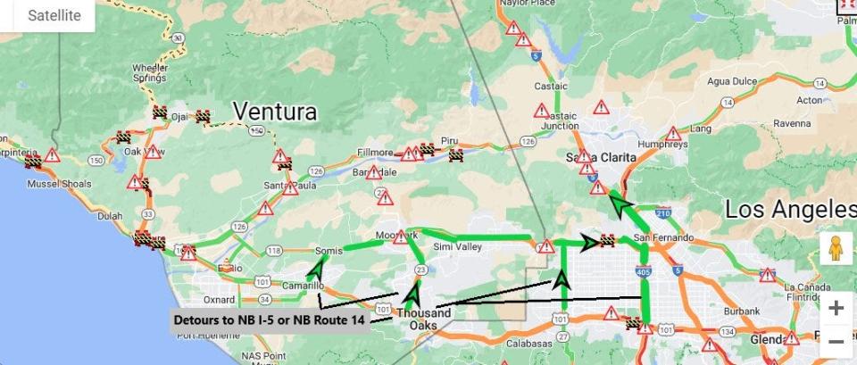 Caltrans tweeted this map showing storm-related closures as of 7 p.m. on Jan. 9, 2023.