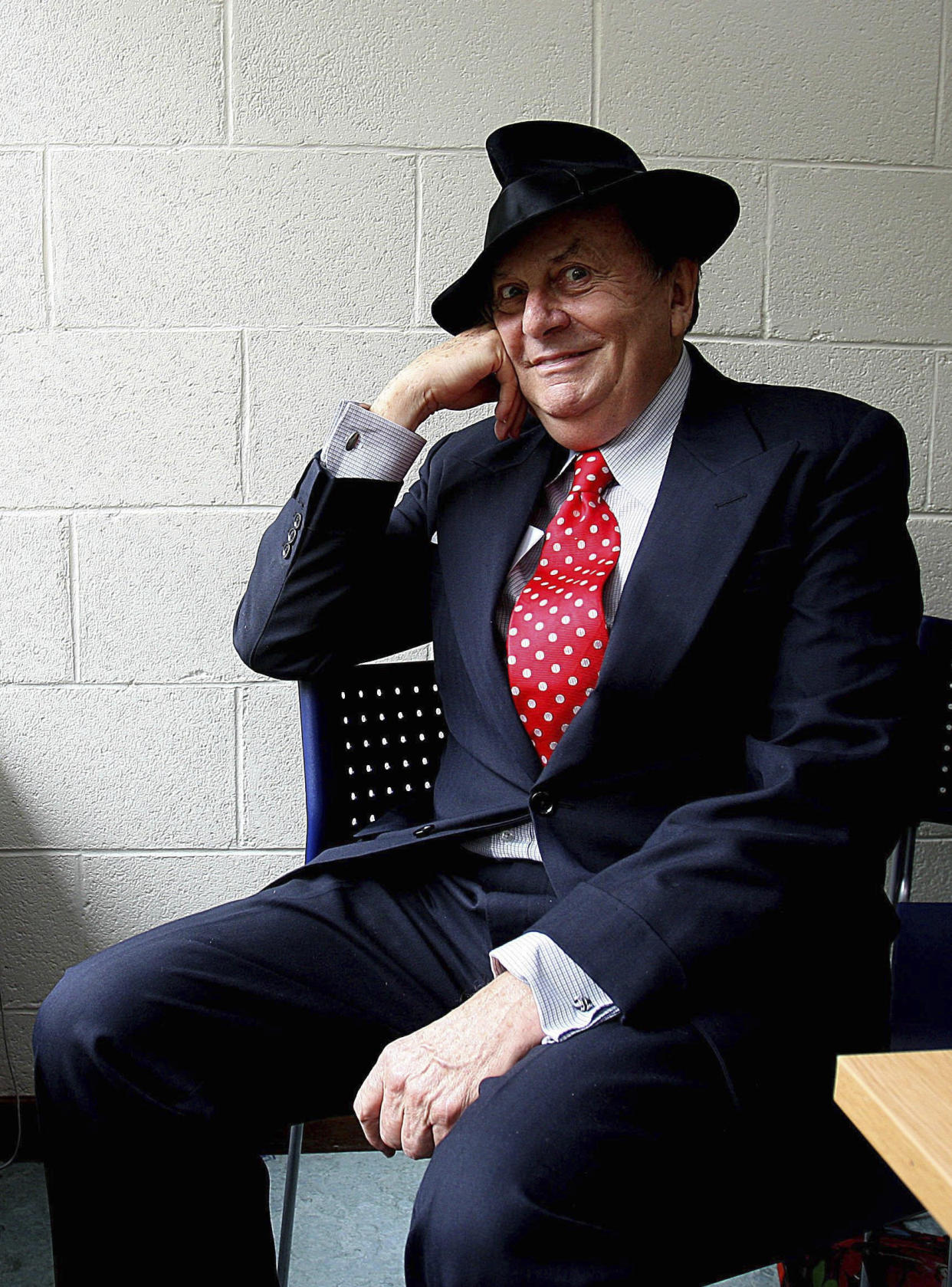 FILE - Performer Barry Humphries, poses for a photo at the UCD Dublin before receiving the James Joyce Award from the UCD Literary & Historical Society, in Dublin, Sept. 29, 2009. Tony Award-winning comedian Barry Humphries, internationally renowned for his garish stage persona Dame Edna Everage, a condescending and imperfectly-veiled snob whose evolving character has delighted audiences over seven decades, has died on Saturday, April 22, 2023, after spending several days in a Sydney hospital with complications following hip surgery, a Sydney hospital said. (Julien Behal/PA via AP, File)