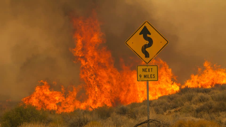 Flames rise from the York Fire on July 30, 2023, in the Mojave National Preserve.  - Ty O'Neil/AP
