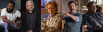 This combination of photos shows Emmy nominees for lead actor in a comedy series, from left, Anthony Anderson in "black-ish," Michael Douglas in "The Kominsky Method," William H. Macy in "Shameless," Jason Sudeikis in "Ted Lasso," and Kenan Thompson in "Kenan." (ABC/Netflix/Showtime/Apple TV+/ NBC via AP)