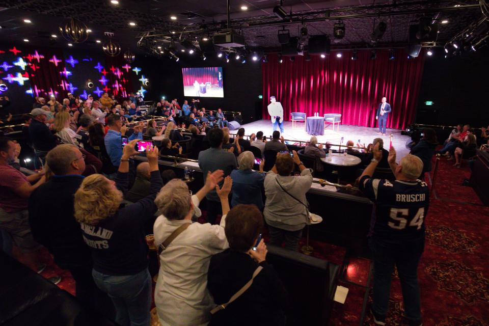 Former New England Patriot and three-time Super Bowl champion Tedy Bruschi is introduced to the crowd at The Brook Casino in Seabrook Wednesday, Sept. 27, 2023.