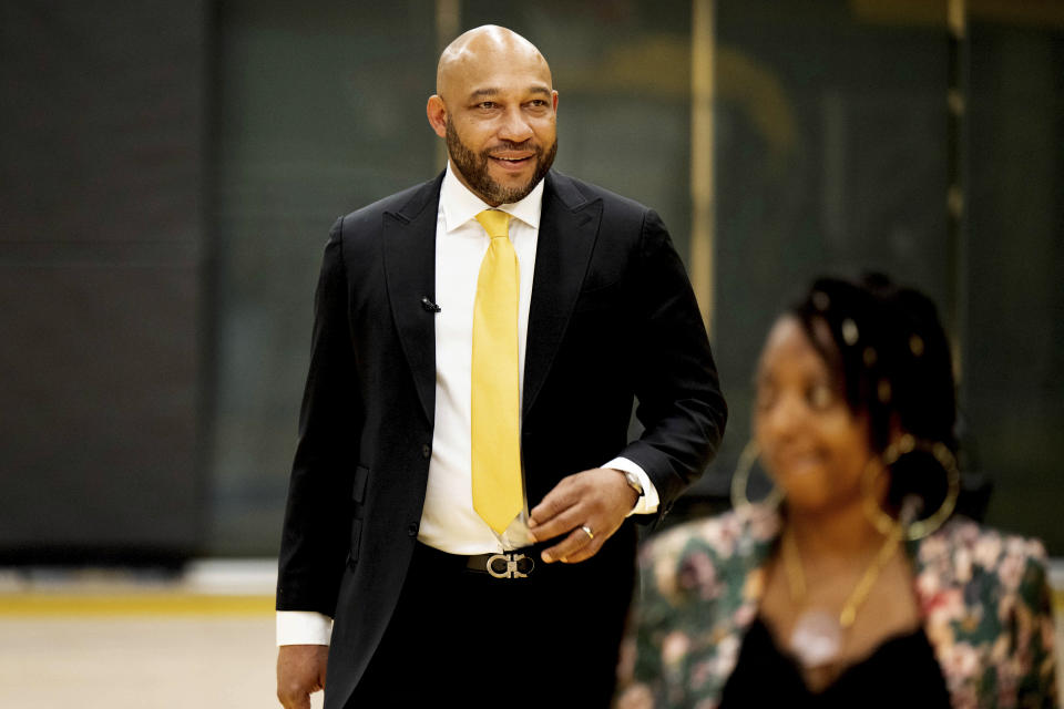 New Los Angeles Lakers head coach Darvin Ham arrives for his first news conference in El Segundo, Calif., Monday, June 6, 2022. (David Crane/The Orange County Register via AP)