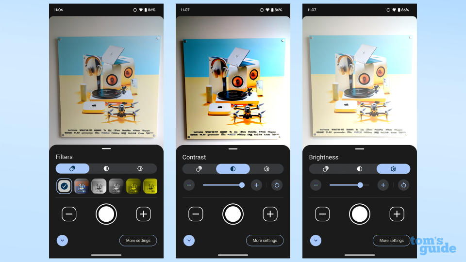 Screenshots showing the Google Magnifier app's filter, brightness and contrast controls