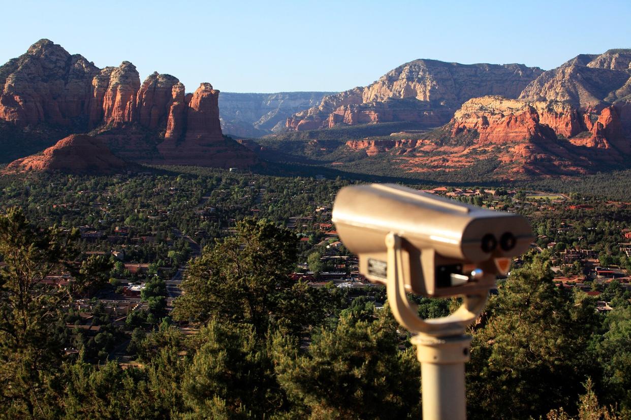 View with the red rock mountain of Sedona in the background.