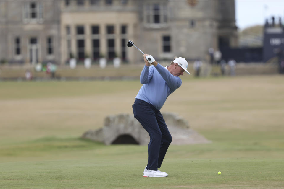 South Africa's Ernie Els plays off the 18th tee during the first round of the British Open golf championship on the Old Course at St. Andrews, Scotland, Thursday, July 14, 2022. The Open Championship returns to the home of golf on July 14-17, 2022, to celebrate the 150th edition of the sport's oldest championship, which dates to 1860 and was first played at St. Andrews in 1873. (AP Photo/Peter Morrison)