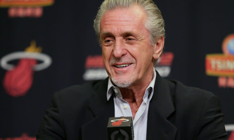 Pat Riley speaking to the Miami Heat media, after adding Ray Allen to the Heat team with LeBron James Dwyane Wade and Chris Bosh in 2012..