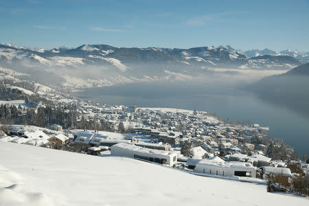 A general view during sunny winter weather shows the town of Oberaegeri, Switzerland February 5, 2019. REUTERS/Arnd Wiegmann