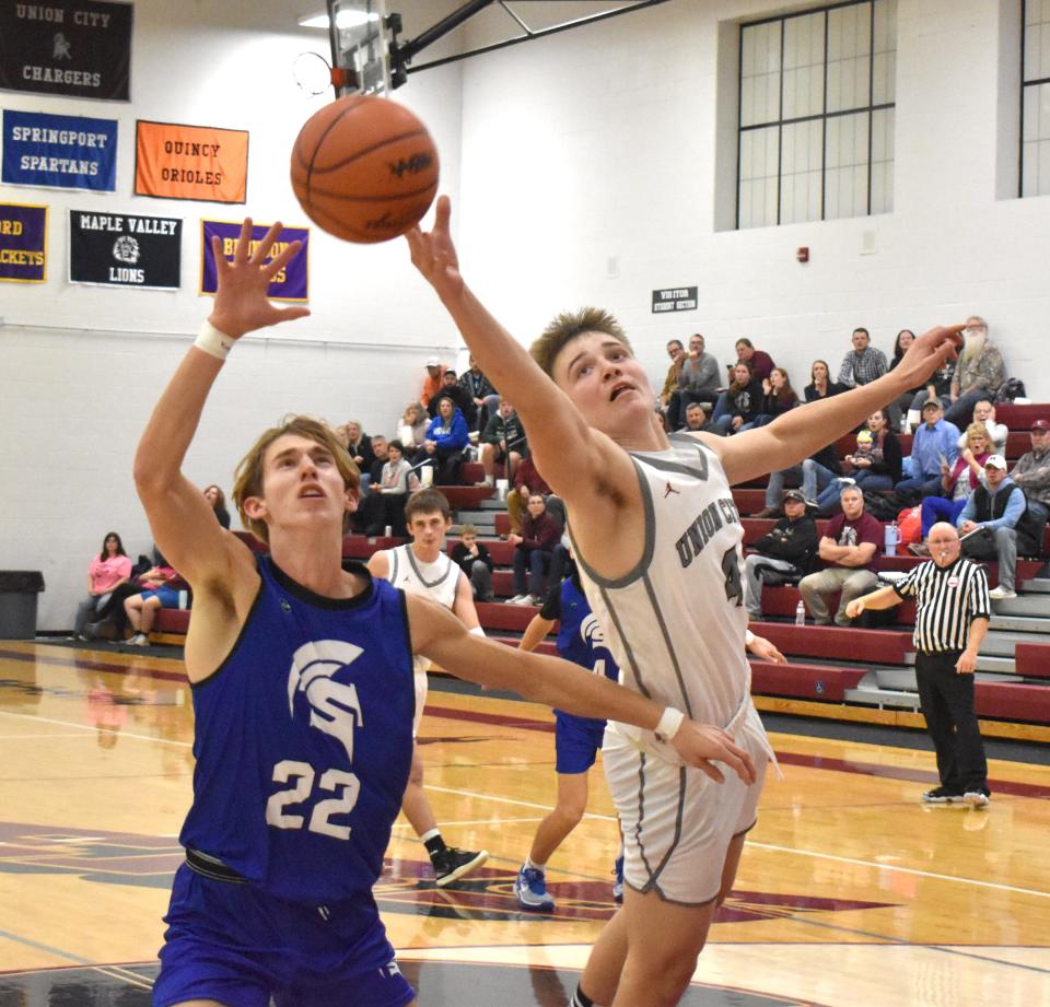 Union City's Aidan Decker, shown here in early season action, recorded a dominant double-double in the win over Maple Valley on Thursday