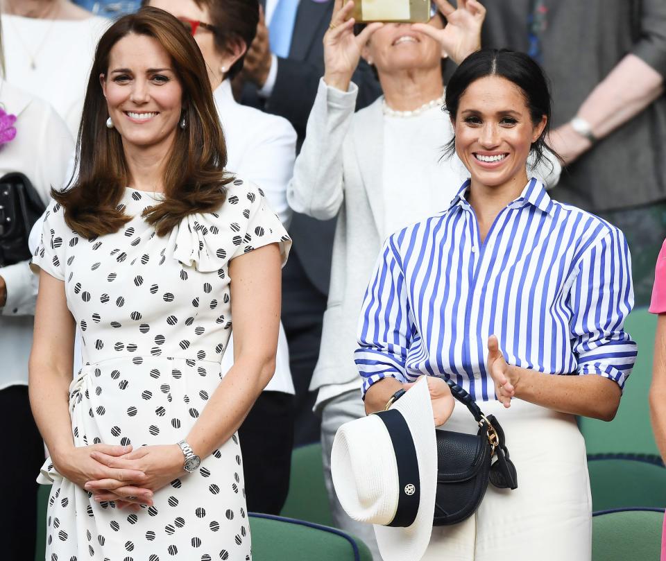 Meghan is no stranger to Wimbledon, but she attended for the first time as a royal alongside her sister-in-law, Kate Middleton – marking the <a rel="nofollow noopener" href="https://people.com/royals/meghan-markle-kate-middleton-wimbledon-first-solo-outing/" target="_blank" data-ylk="slk:first time the duo stepped out without their husbands;elm:context_link;itc:0;sec:content-canvas" class="link ">first time the duo stepped out without their husbands</a>. 