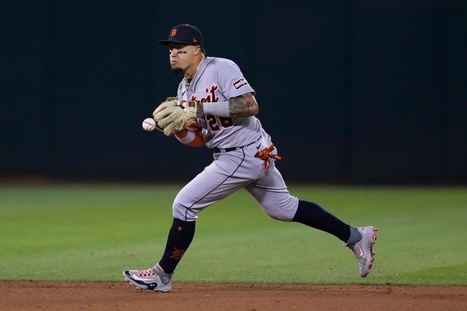 Detroit Tigers shortstop Javier Baez commits an error on a ground ball hit by Oakland Athletics' Tony Kemp during the sixth inning at Oakland Coliseum in Oakland, California, on Friday, Sept. 22, 2023.