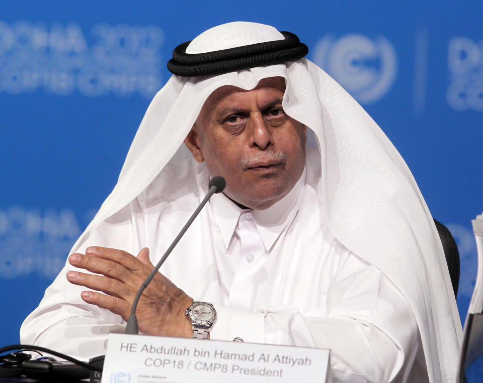 Qatar's deputy Prime minister Abdullah bin Hamad Al-Attiyah speaks at the opening session of the United Nations Climate Change conference in Doha, Qatar, Monday, Nov. 26, 2012. U.N. talks on a new climate pact resumed Monday in oil and gas-rich Qatar, where negotiators from nearly 200 countries will discuss fighting global warming and helping poor nations adapt to it. The two-decade-old talks have not fulfilled their main purpose: reducing the greenhouse gas emissions that scientists say are warming the planet. (AP Photo/Osama Faisal)