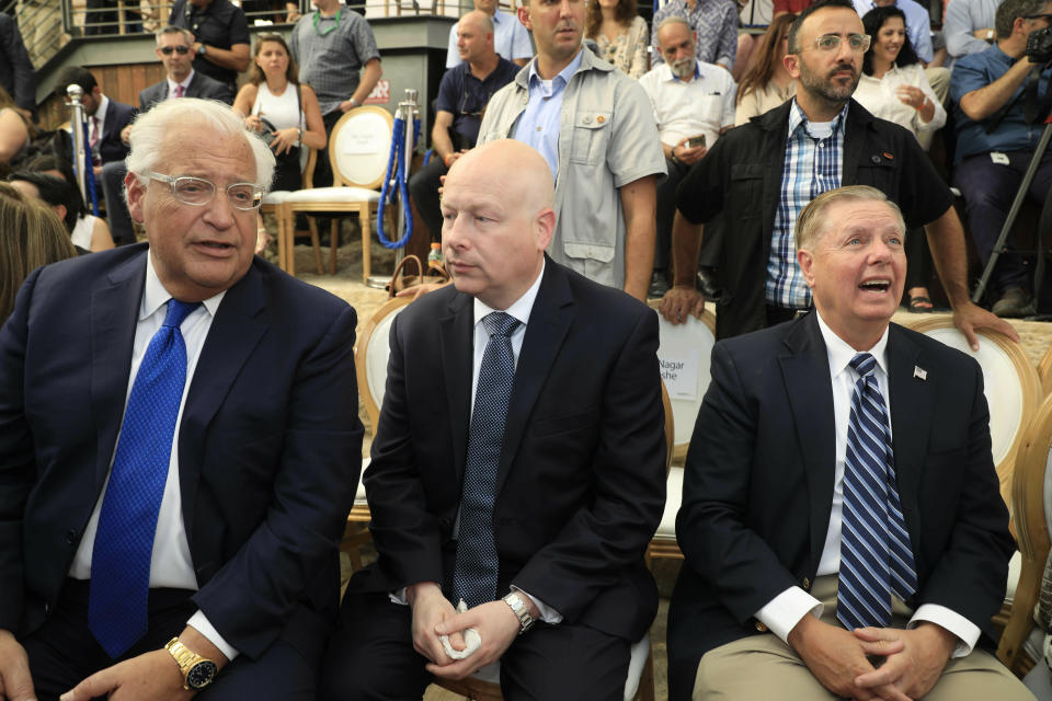 U.S. Ambassador to Israel David Friedman, left, White House Mideast envoy Jason Greenblatt, center, and Lindsey Graham, U.S. Senator from South Carolina, attend the opening of an ancient road at the City of David, a popular archaeological and tourist site in the Palestinian neighborhood of Silwan in east Jerusalem. The site is located on what many believe to be the ruins of the biblical King David's ancient capital and see as centerpieces of ancient Jewish civilization, but critics accuses the operators of pushing a nationalistic agenda at the expense of local Palestinian residents. (AP Photo/Tsafrir Abayov, Pool)