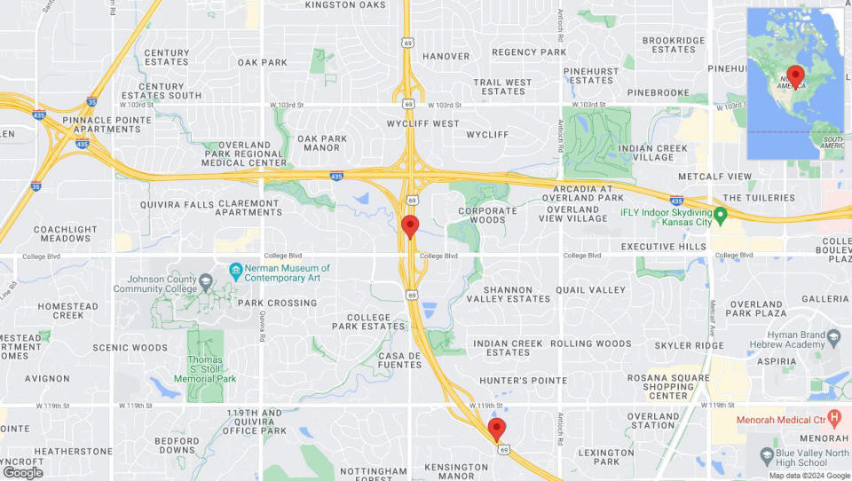 A detailed map that shows the affected road due to 'Drivers cautioned as heavy rain triggers traffic concerns on southbound US-69 in Overland Park' on July 1st at 12:36 p.m.