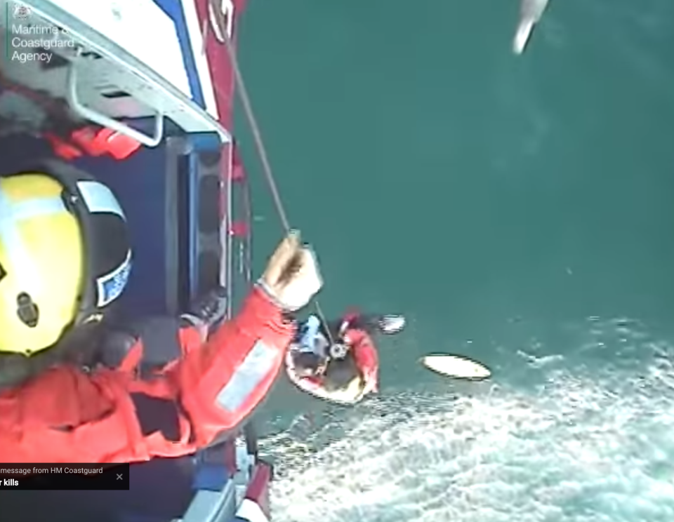 Matthew Bryce was rescued by a coast guard helicopter after 32 hours in the water. Video still from YouTube