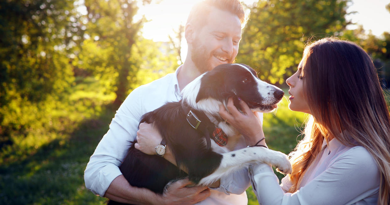 Young couple walking their dog in the park