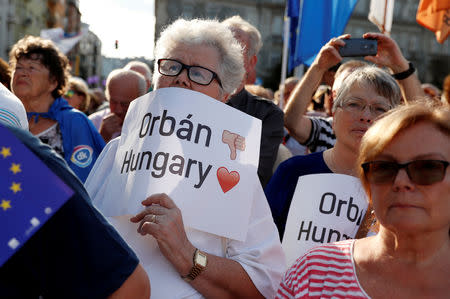 People attend a demonstration against Hungary's Prime Minister Viktor Orban in Budapest, Hungary, September 16, 2018. REUTERS/Bernadett Szabo