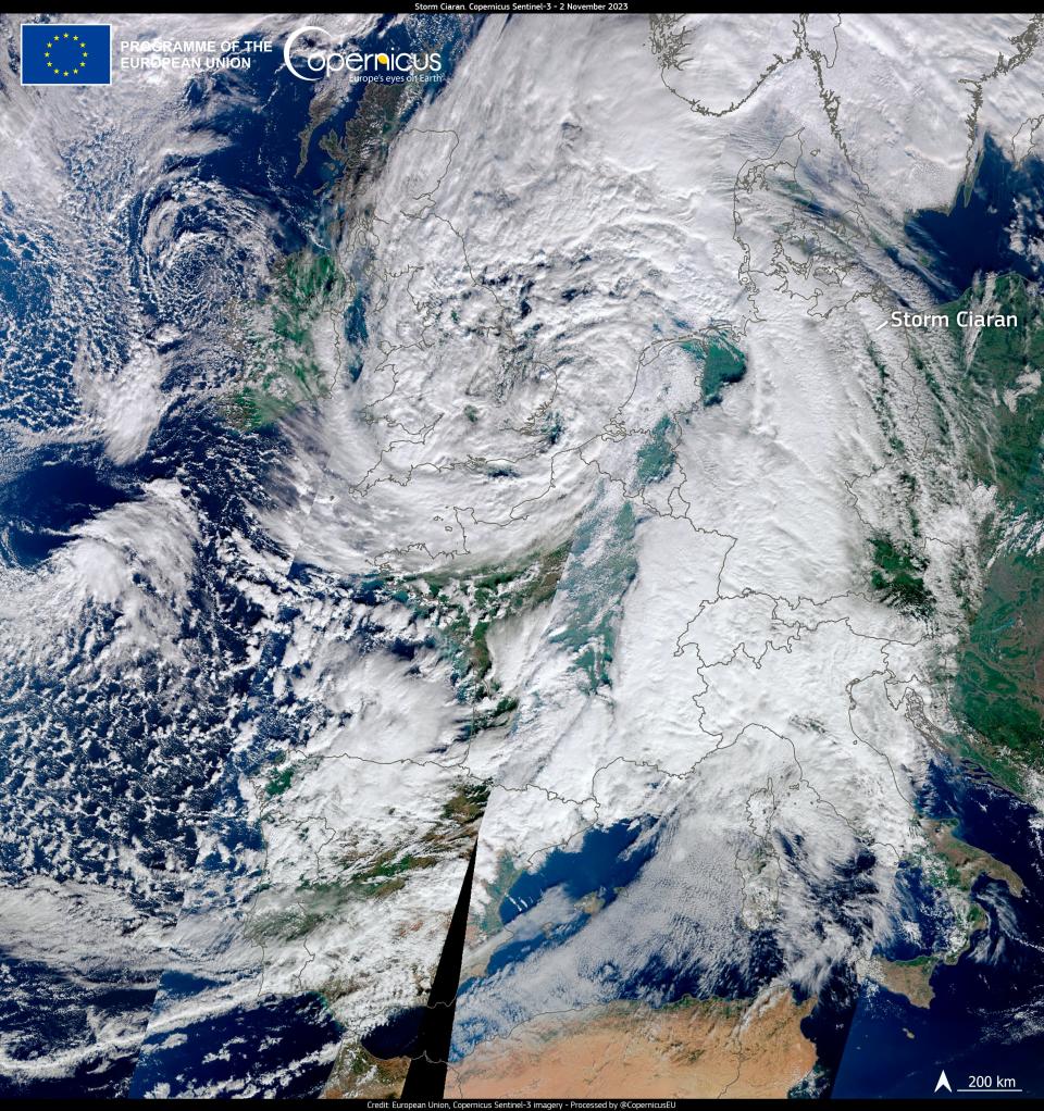 Satellite image shows Storm Ciaran swirling over Europe (European Union, Copernicus Sentinel-3 imagery)