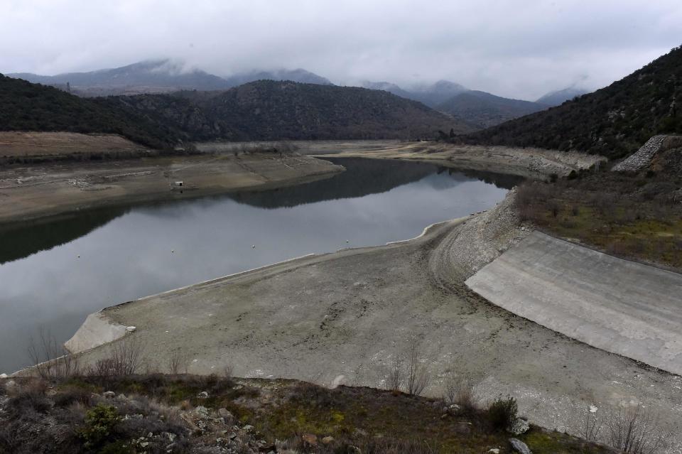 This photograph taken on February 23, 2023, shows the lowest level dam of the Agly river, the main river of the catchment area near Caramany, southern France.