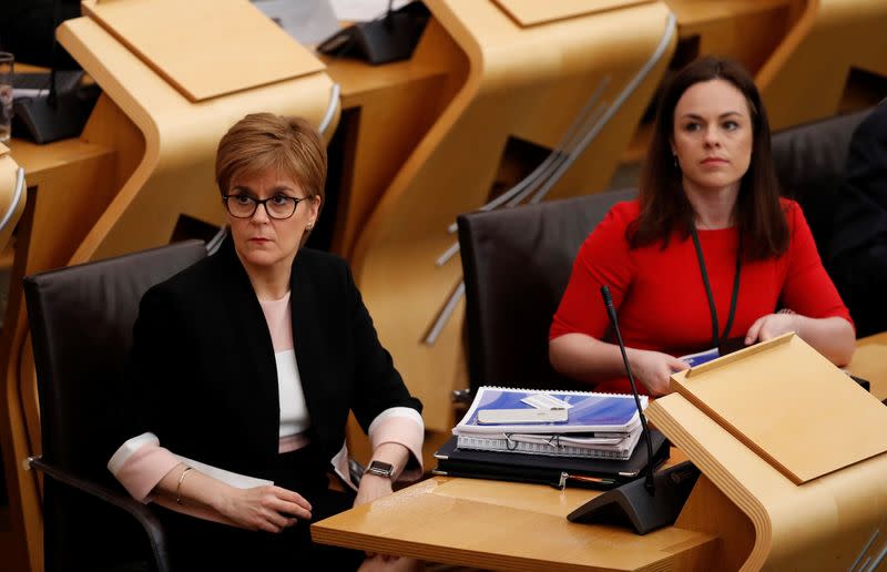 Scotland's First Minister Nicola Sturgeon waits to hear Kate Forbes MSP Minister for Public Finance deliver the budget statement in Parliament, in Edinburgh