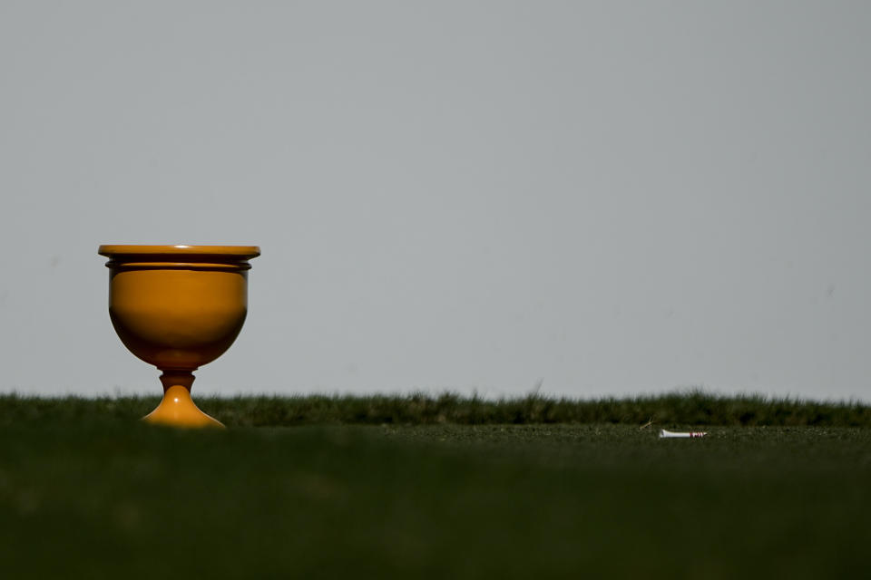 A tee marker is seen on the 13th hole during practice for the Presidents Cup golf tournament at the Quail Hollow Club, Tuesday, Sept. 20, 2022, in Charlotte, N.C. (AP Photo/Chris Carlson)