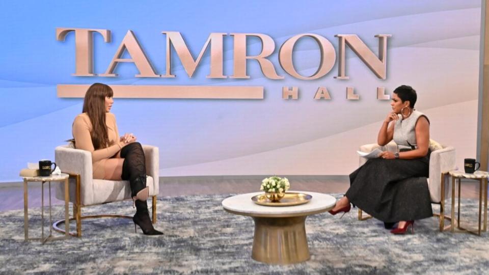 Tamron Hall interviews Tamar Braxton on her daytime talk show.