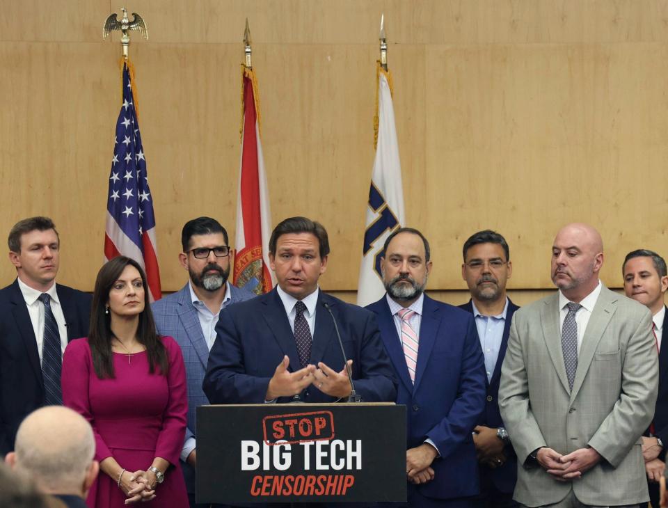 Florida Gov. Ron DeSantis gives his opening remarks before signing legislation in 2021 that seeks to punish social media platforms that remove conservative ideas.