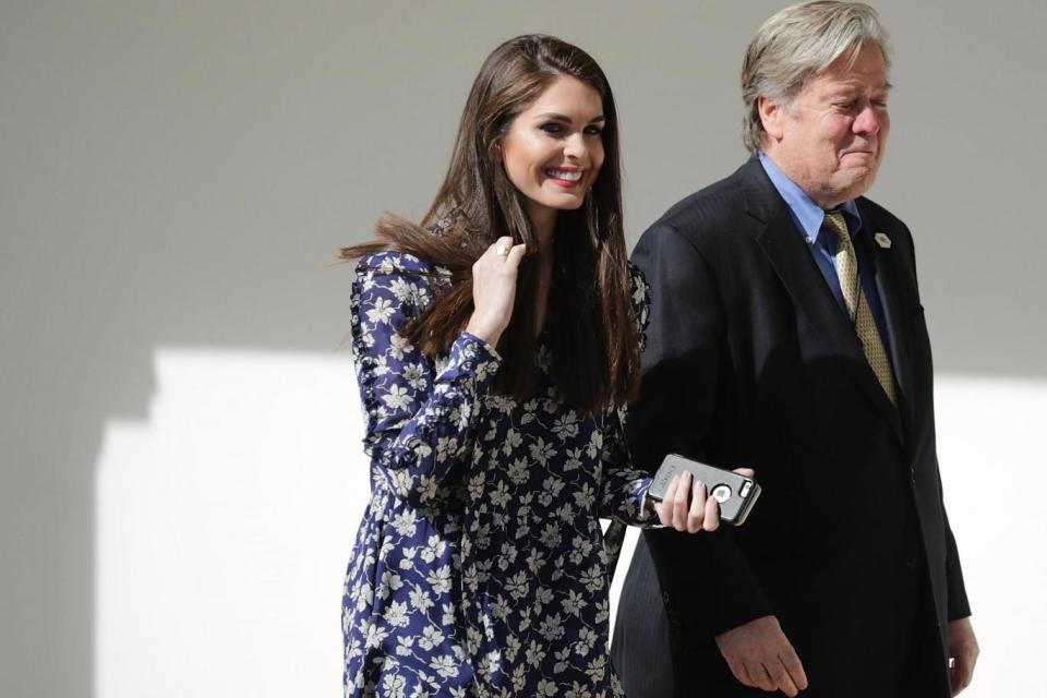 Hope Hicks and Steve Bannon near the West Wing in February 2017. (EPA)