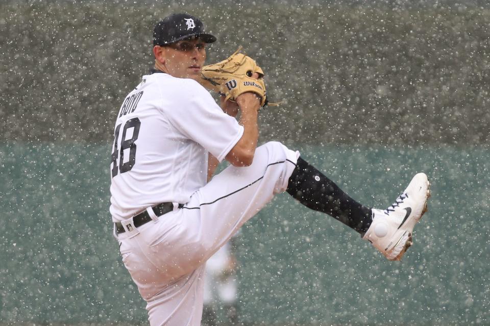 Matthew Boyd of the Detroit Tigers throws a first inning pitch while playing Cleveland at Comerica Park.