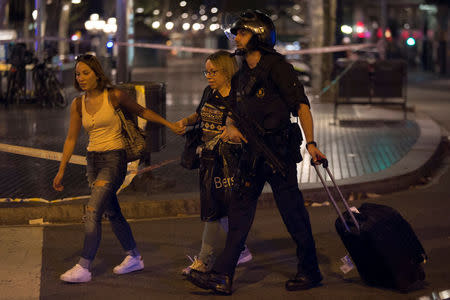 Police evacuate people after a van crashed into pedestrians near the Las Ramblas avenue in central Barcelona, Spain August 17, 2017. REUTERS/Stringer