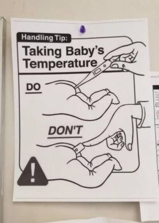 Handling tip poster showing proper and improper ways to take a baby's temperature