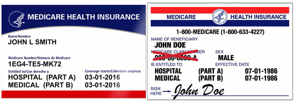 New sample Medicare card next to existing old-format Medicare card.