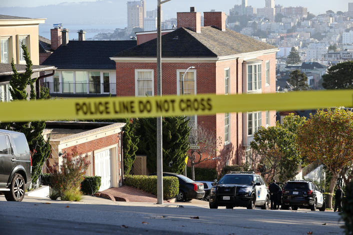 Police tape is seen on the street outside House Speaker Nancy Pelosi's San Francisco home following the attack on Paul Pelosi on Oct. 28. (Photo by Tayfun Coskun/Anadolu Agency via Getty Images)