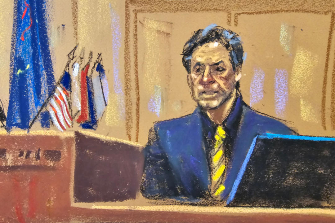 Daus is seen on the witness stand in Manhattan criminal court on Thursday in this courtroom sketch.