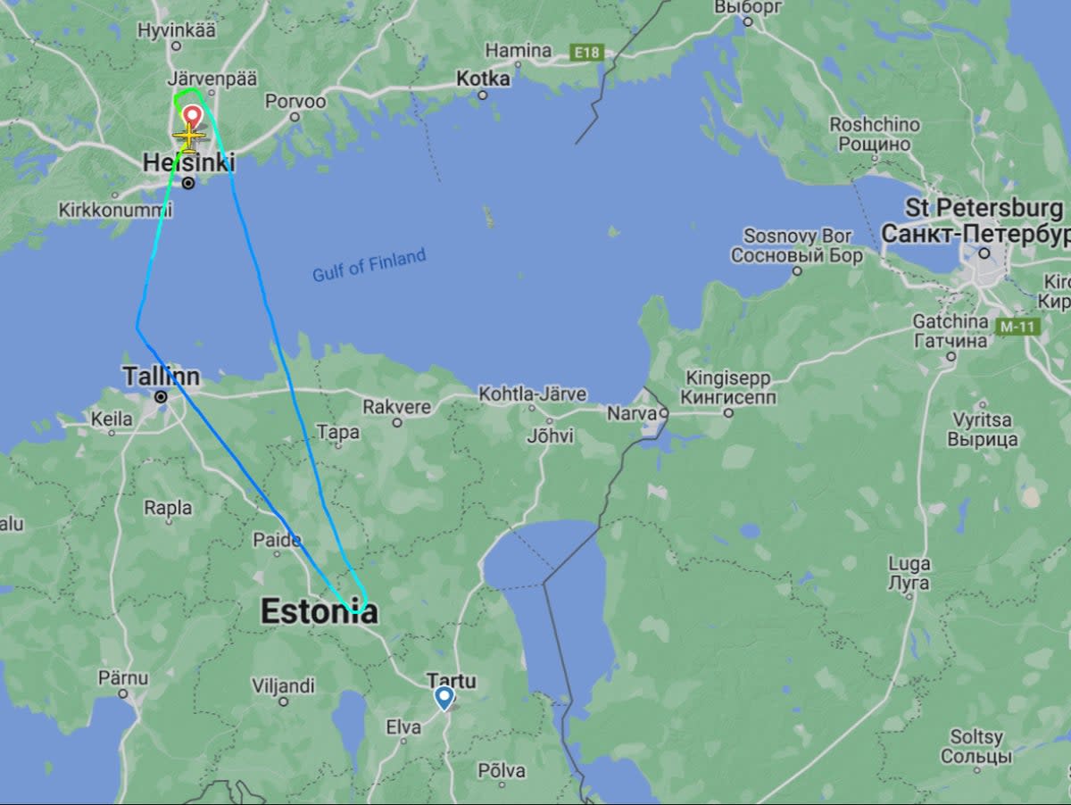 Return trip: the flight path of Finnair AY1045 on 26 April, when the aircraft returned to Helsinki due to GPS interference (Flightradar24)