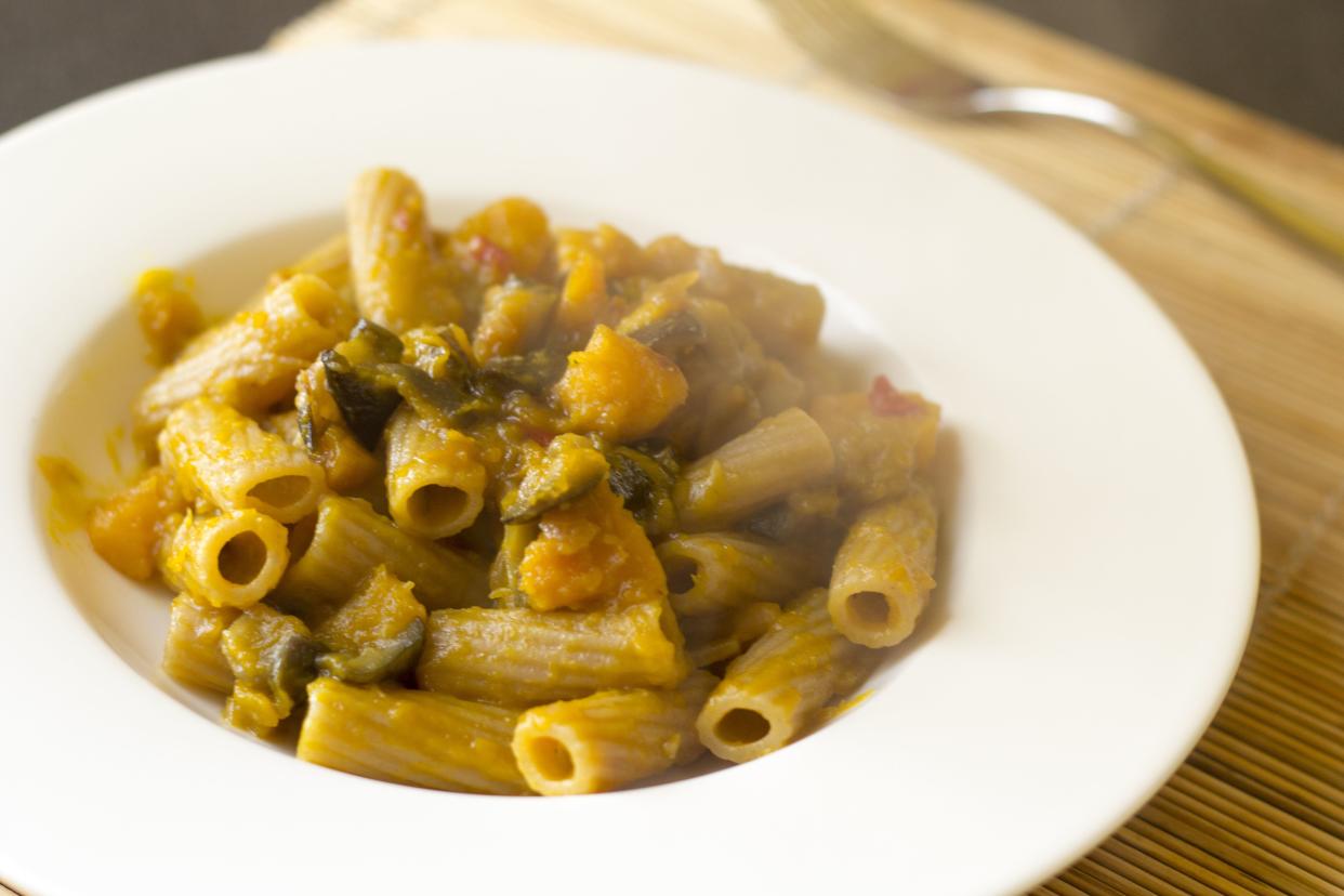 Pasta with pumpkin, aubergine and chili pepper