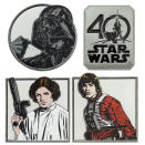 <p>This quartet of jumbo-size pins includes Luke Skywalker, Princess Leia, Darth Vader, and the 40th anniversary logo. Each has a brushes-steel finish and a Mickey-shaped pinback, and Disney has limited the set to 1,250 units. (Credit: Disney Store) </p>