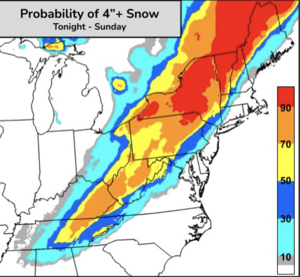 The predictions for snowfall tracking up the US East Coast this weekend from a late-winter storm (The National Weather Service)