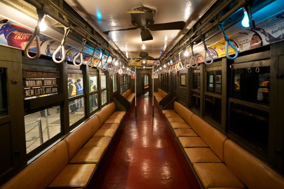 A vintage subway car is shown before heading north to Yankee Stadium. Thursday, March 30, 2023