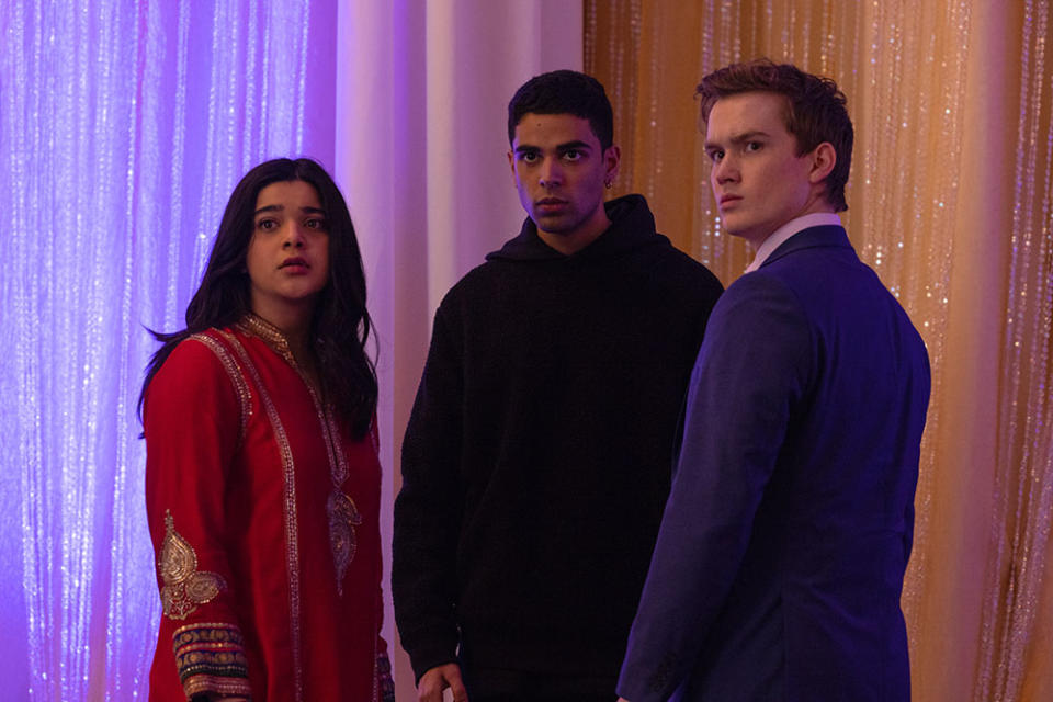 Iman Vellani as Ms. Marvel/Kamala Khan, Rish Shah as Kamran, and Matt Lintz as Bruno in Marvel Studios’ Ms. Marvel. - Credit: Courtesy of Marvel Studios