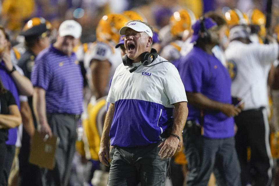 LSU head coach Brian Kelly calls out to an official in the second half of an NCAA college football game against Arkansas in Baton Rouge, La., Saturday, Sept. 23, 2023. LSU won 34-31. (AP Photo/Gerald Herbert)