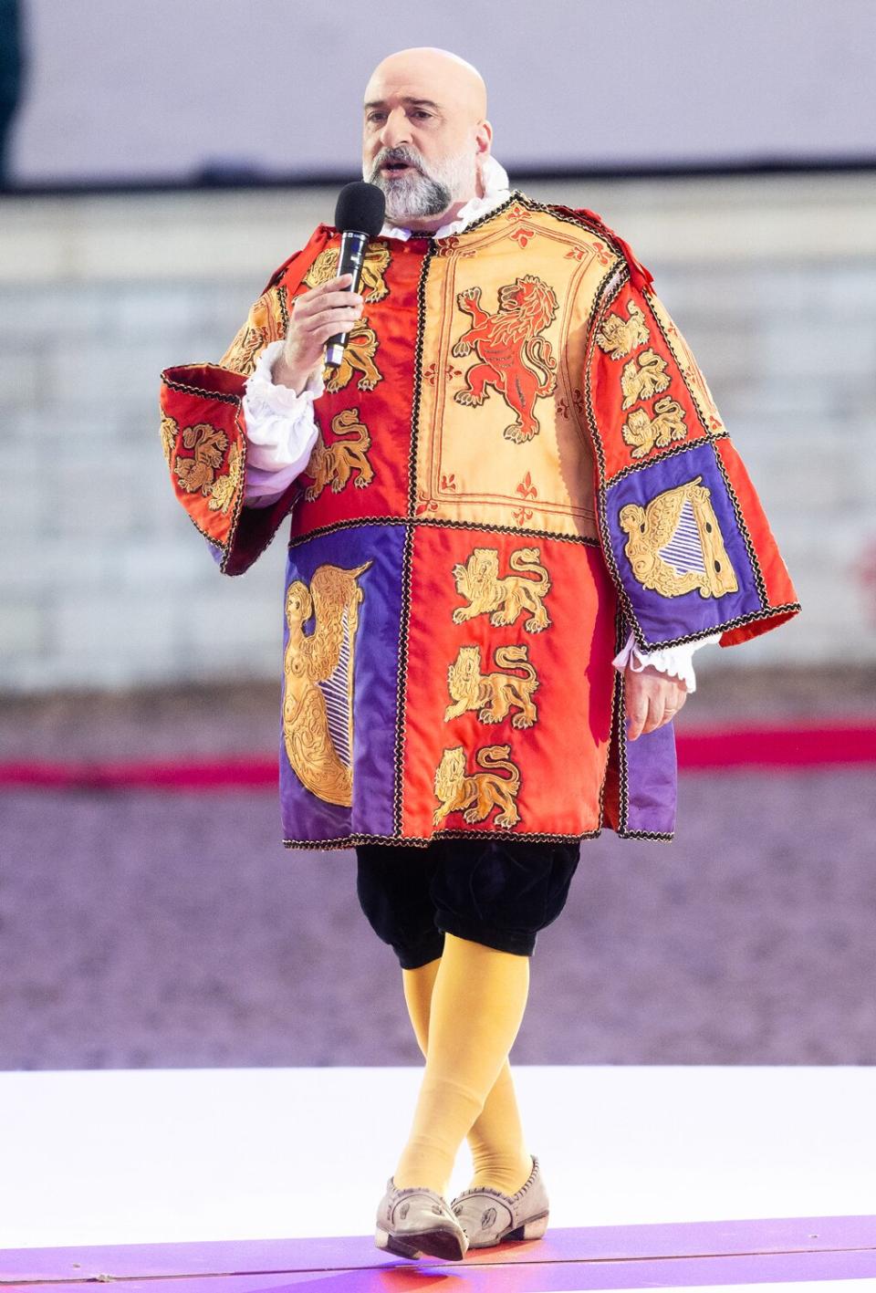 Omid Djalili during the "A Gallop Through History" performance as part of the official celebrations for Queen Elizabeth II's Platinum Jubilee at Home Park on May 15, 2022 in Windsor, England. The Royal Windsor Horse Show continued the Platinum Jubilee celebrations with the A Gallop Through History event. Each evening, the Platinum Jubilee celebration saw over 500 horses and 1,000 performers create a 90-minute production that took the audience on a gallop through history from Elizabeth I to the present day.