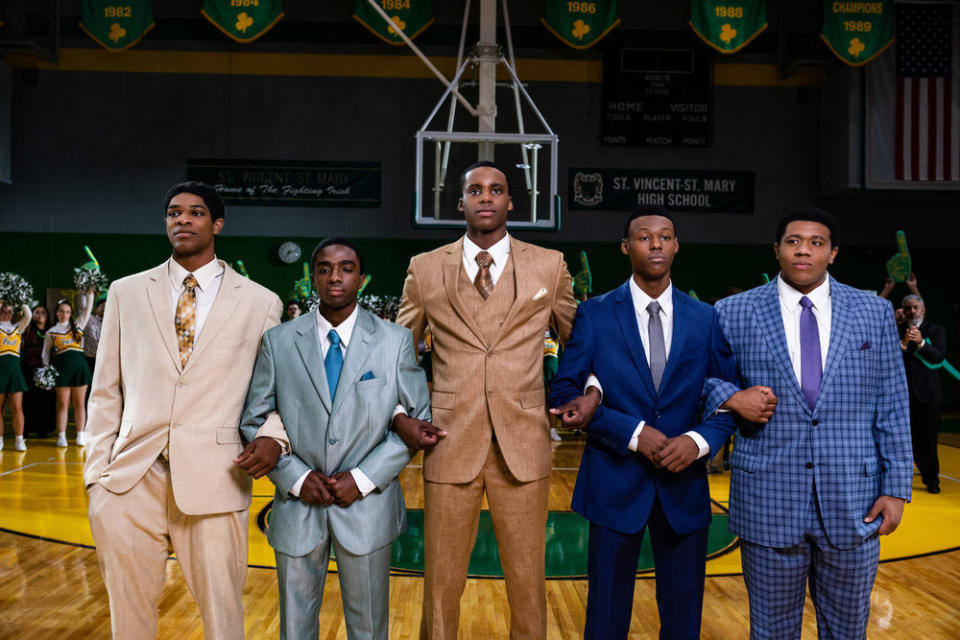 (from left) Romeo Travis (Scoot Henderson), Lil Dru Joyce III (Caleb McLaughlin), LeBron James (Mookie Cook), Willie McGee (Avery S. Wills, Jr.) and Sian Cotton (Khalil Everage) in Shooting Stars, directed by Chris Robinson.