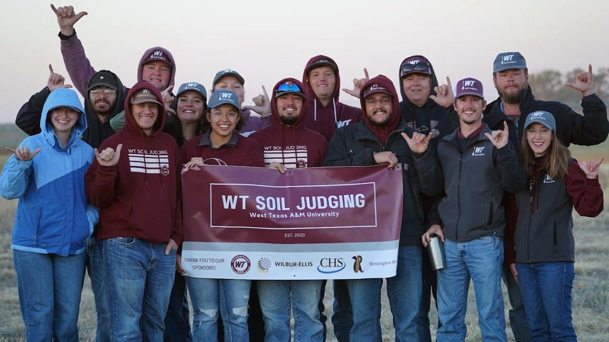 Members and coaches of the victorious West Texas A&M University soil judging team are, back from left, Christian Lockhart, Alex Kuehler, Mia Key, Tessa Barrett, Dayson Schacher, Paden Markham and Riley Siders; and, front, from left, Kassidy Langley, Payton George, Sanjuana "Bela" Juarez, Cristian Camacho, assistant coach Cade Bednarz, Tyler Schneider and coach and instructor Lauren Selph.