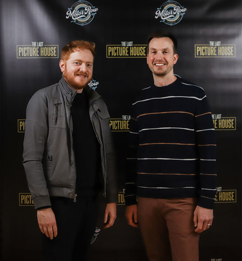 Filmmakers Scott Beck and Bryan Woods pose at a premiere event at their movie theater The Last Picture House in Davenport, Iowa.