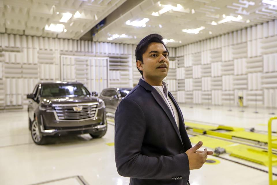 Sound engineer Jigar Kapadia tests sounds on new vehicles like the 2021 Cadillac Escalade in the anechoic chamber at the General Motors Proving Grounds in Milford, Michigan. on Saturday, Feb. 21, 2020.