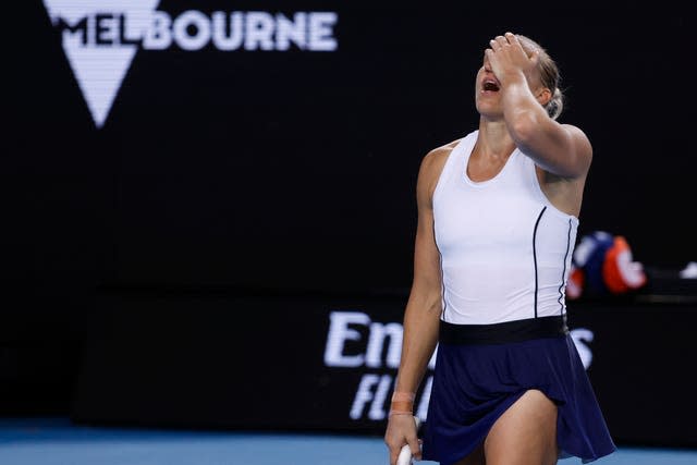 Kaia Kanepi celebrates defeating Aryna Sabalenka 