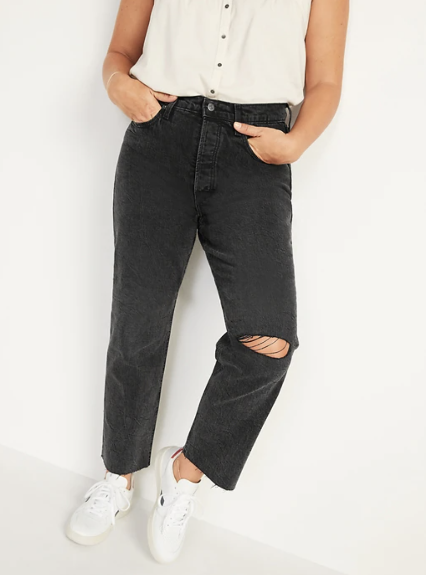 Extra High-Waisted Button-Fly Sky-Hi Straight Black Ripped Jeans (Photo via Old Navy)