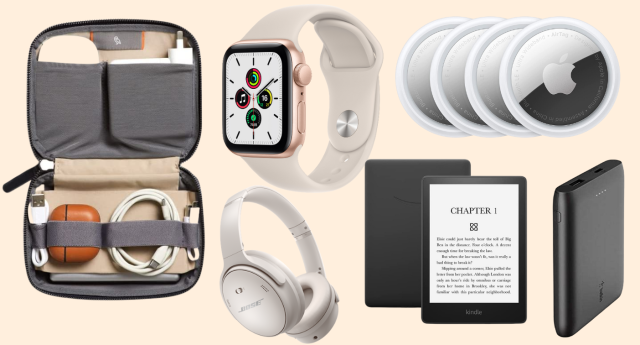 A selection of handy tech gadgets for traveling on a beige background